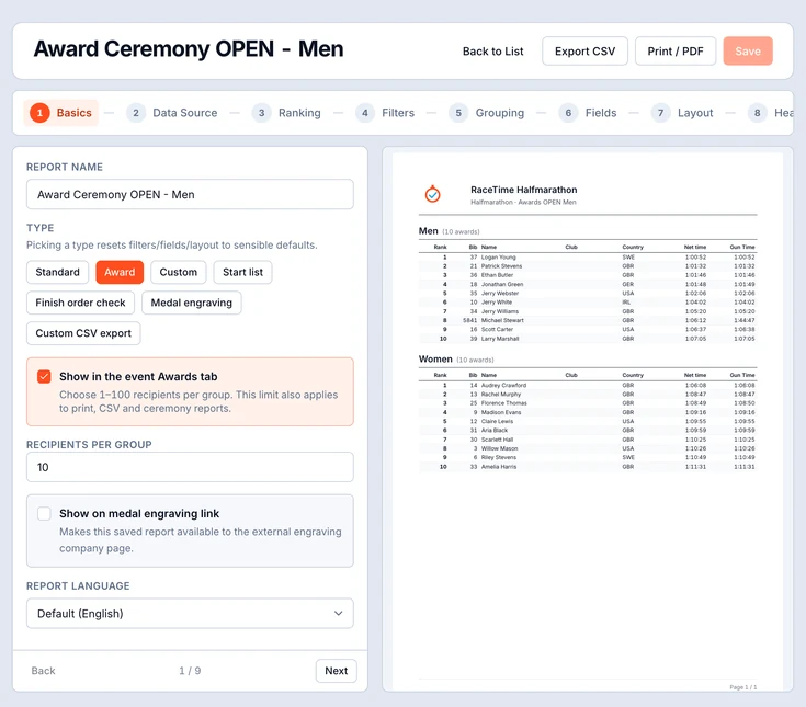 Report builder - a multi-step wizard (Basics, Data Source, Ranking, Filters, Grouping, Fields, Layout, Header/Footer, Review) with a live preview of the chosen columns