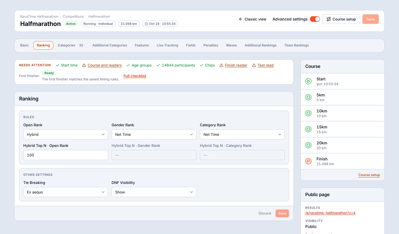 Competition setup - Features tab with photo and video sources and public display defaults