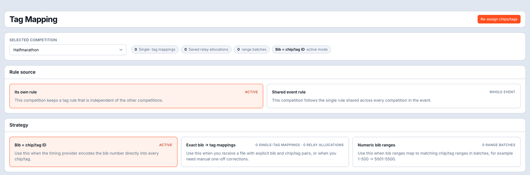 Tag and bib mapping - identity, exact and range modes with range-collision warnings, bulk CSV import, editable mid-race